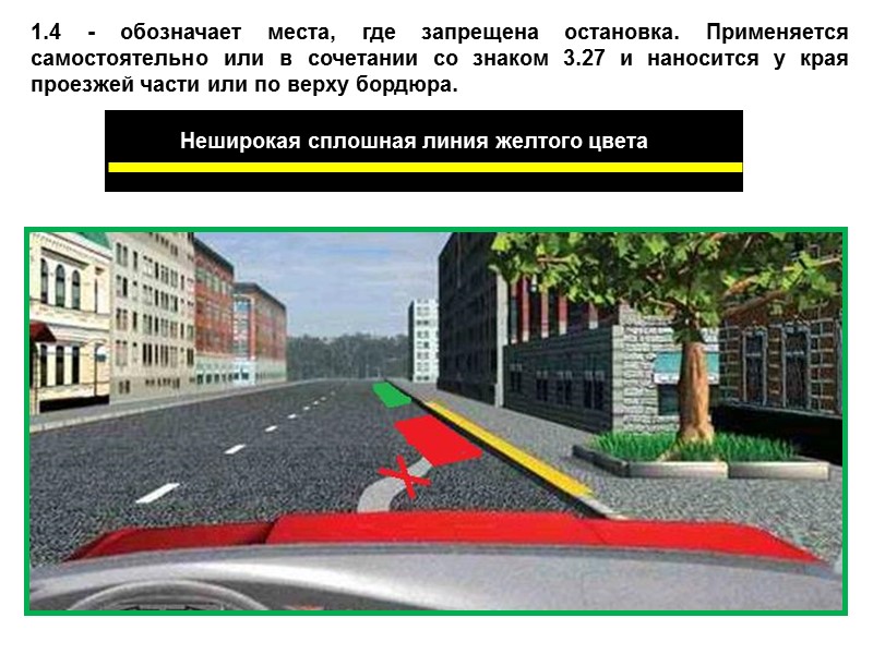 1.4 - обозначает места, где запрещена остановка. Применяется самостоятельно или в сочетании со знаком